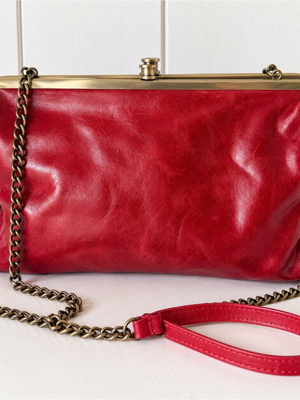 HOBO Red Leather Chain-Shoulder Clutch with Antique Gold Hardware
